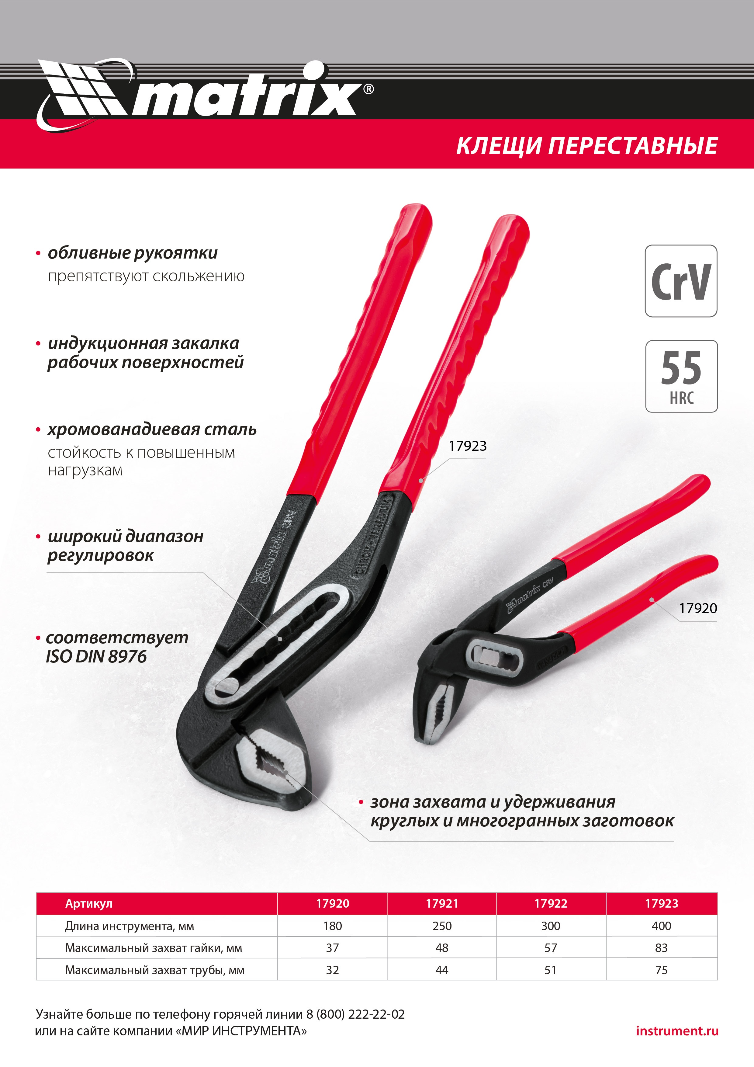 Клещи переставные 180 мм, хром-ванадий, обливные рукоятки Matrix