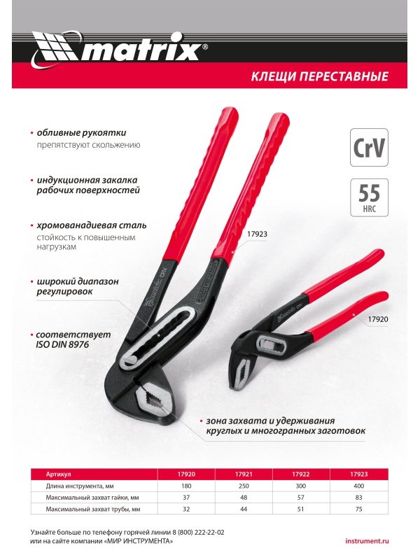 Клещи переставные 180 мм, хром-ванадий, обливные рукоятки Matrix