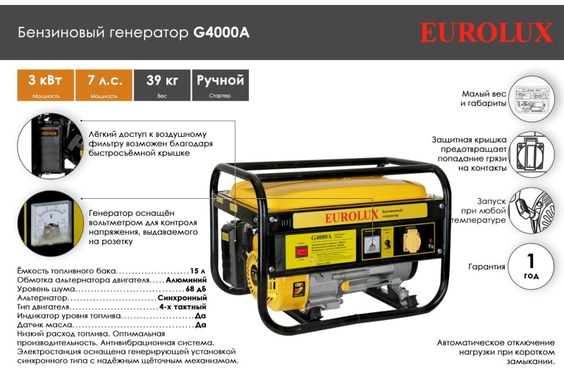 Генератор бензиновый EUROLUX 3,0 кВт G4000A (64/1/38)