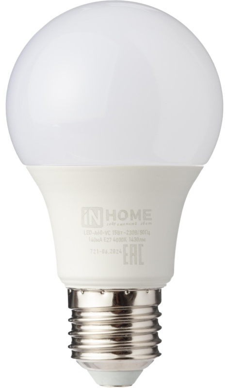 Лампа светодиодная LED-A60-VC 15Вт 230В Е27 4000К 1430Лм IN HOME