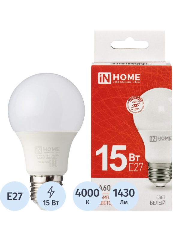 Лампа светодиодная LED-A60-VC 15Вт 230В Е27 4000К 1430Лм IN HOME