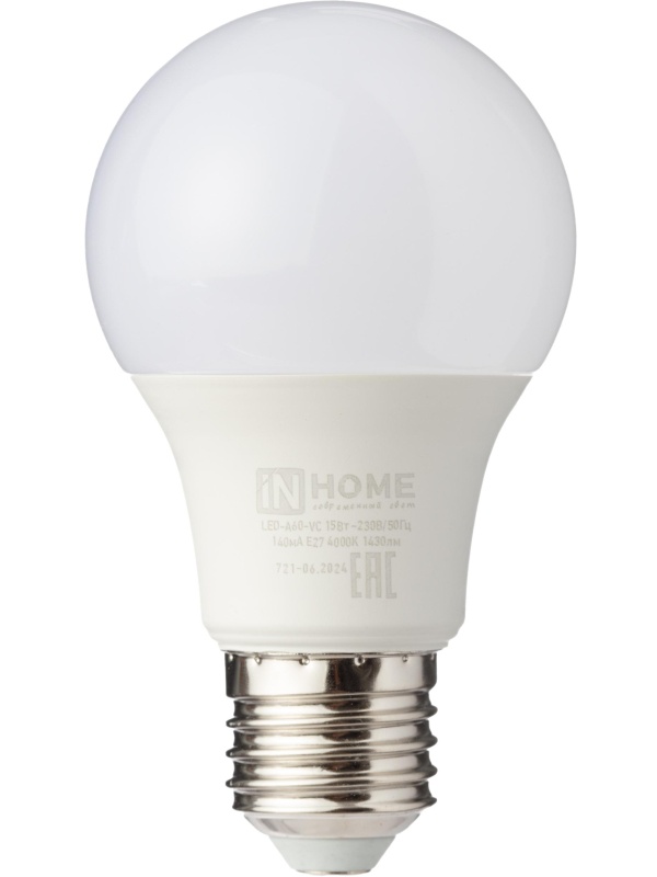 Лампа светодиодная LED-A60-VC 15Вт 230В Е27 4000К 1430Лм IN HOME