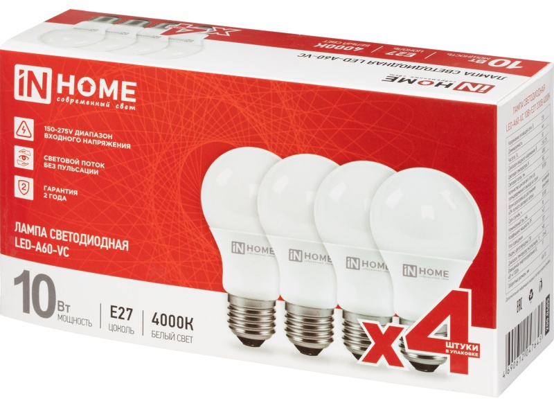 Лампа светодиодная LED-A60-VC 4PACK 10Вт 230В Е27 4000К (4шт./упак) IN HOME