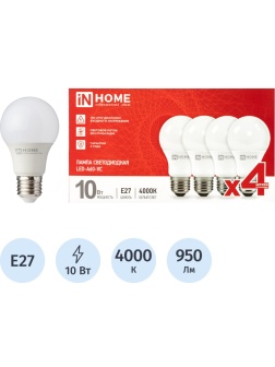 Лампа светодиодная LED-A60-VC 4PACK 10Вт 230В Е27 4000К (4шт./упак) IN HOME