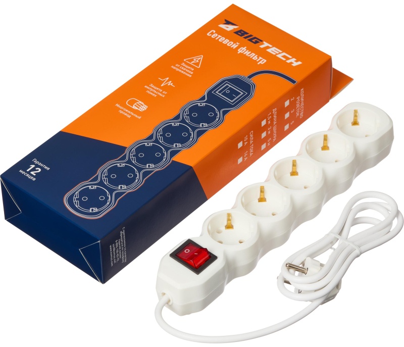 Сетевой фильтр BigTech ST510-1,5-W(5р/1,5м/10А/2,2кВт/3х0,75 мм2/белый)