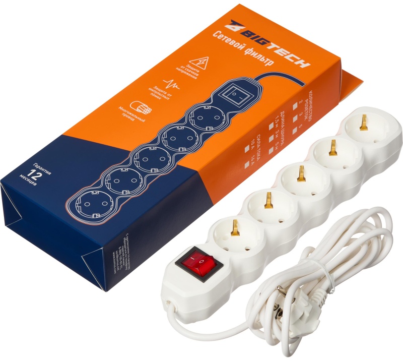 Сетевой фильтр BigTech ST510-3-W(5р/3м/10А/2,2кВт/3х0,75 мм2/белый)