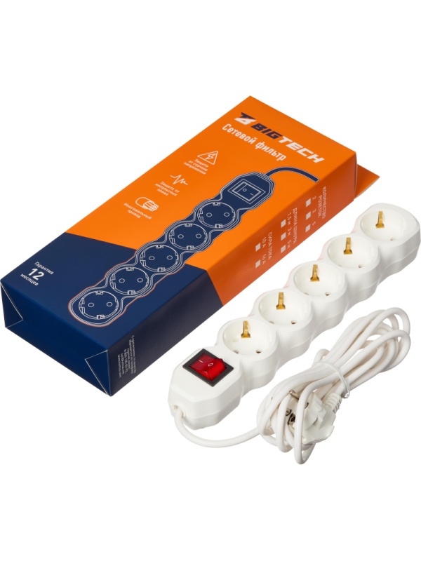 Сетевой фильтр BigTech ST510-3-W(5р/3м/10А/2,2кВт/3х0,75 мм2/белый)