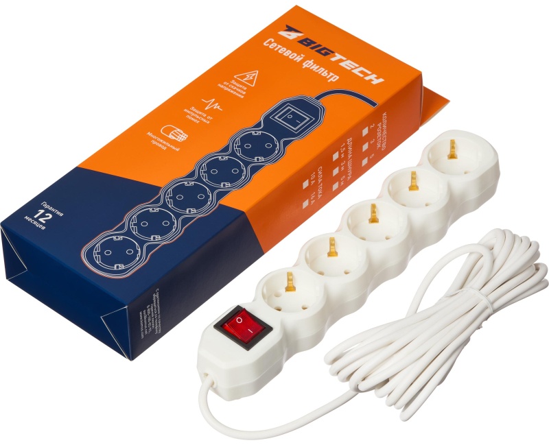 Сетевой фильтр BigTech ST510-5-W(5р/5м/10А/2,2кВт/3х0,75 мм2/белый)