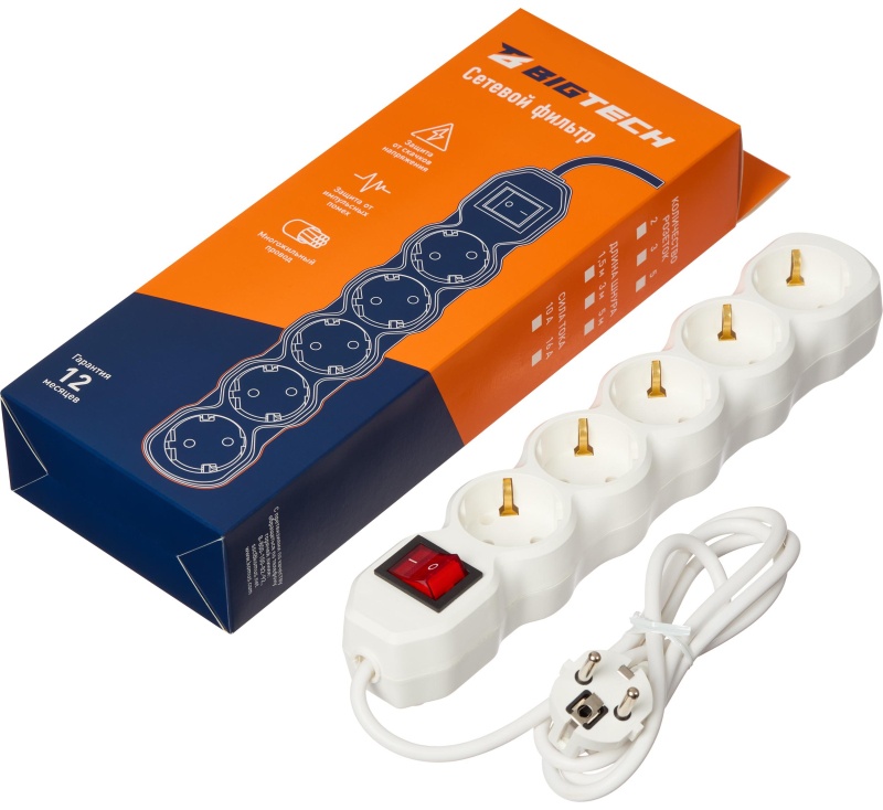 Сетевой фильтр BigTech ST516-1,5-W(5р/1,5м/16А/3,5кВт/3х1 мм2/белый)