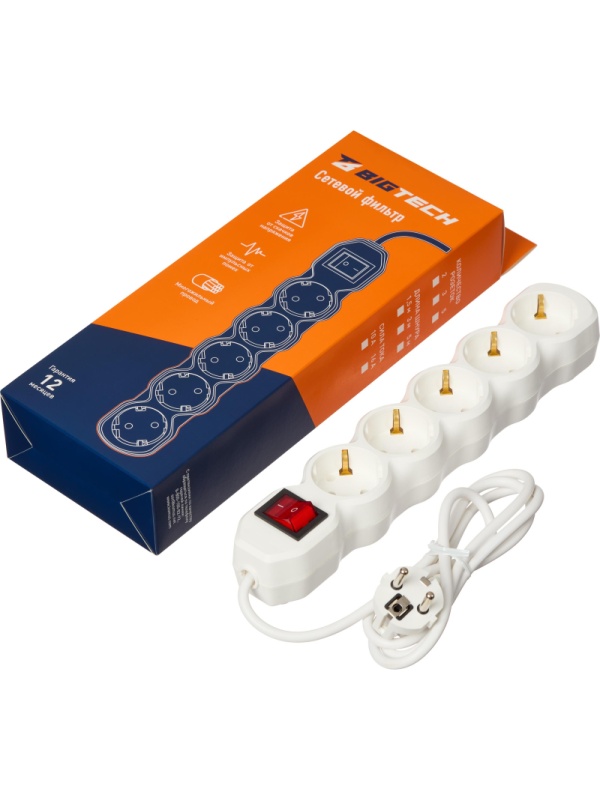 Сетевой фильтр BigTech ST516-1,5-W(5р/1,5м/16А/3,5кВт/3х1 мм2/белый)