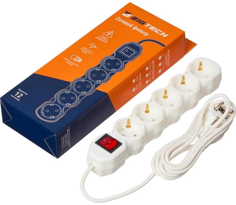 Сетевой фильтр BigTech ST516-3-W(5р/3м/16А/3,5кВт/3х1 мм2/белый)