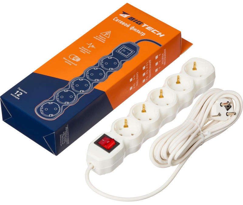 Сетевой фильтр BigTech ST516-5-W(5р/5м/16А/3,5кВт/3х1 мм2/белый)