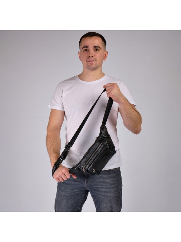 Сумка мужск 2019 черная на пояс из кожи