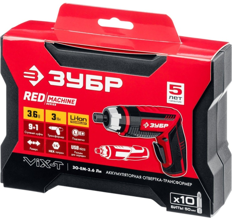 Отвертка  аккумуляторная трансформер ЗУБР ViX-T 10 бит (ЗО-ЕМ-3.6 Ли)