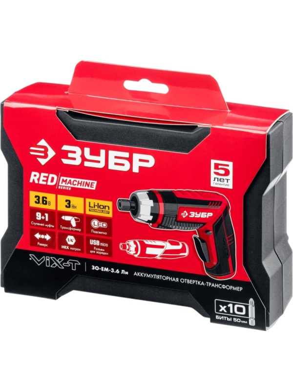 Отвертка  аккумуляторная трансформер ЗУБР ViX-T 10 бит (ЗО-ЕМ-3.6 Ли)