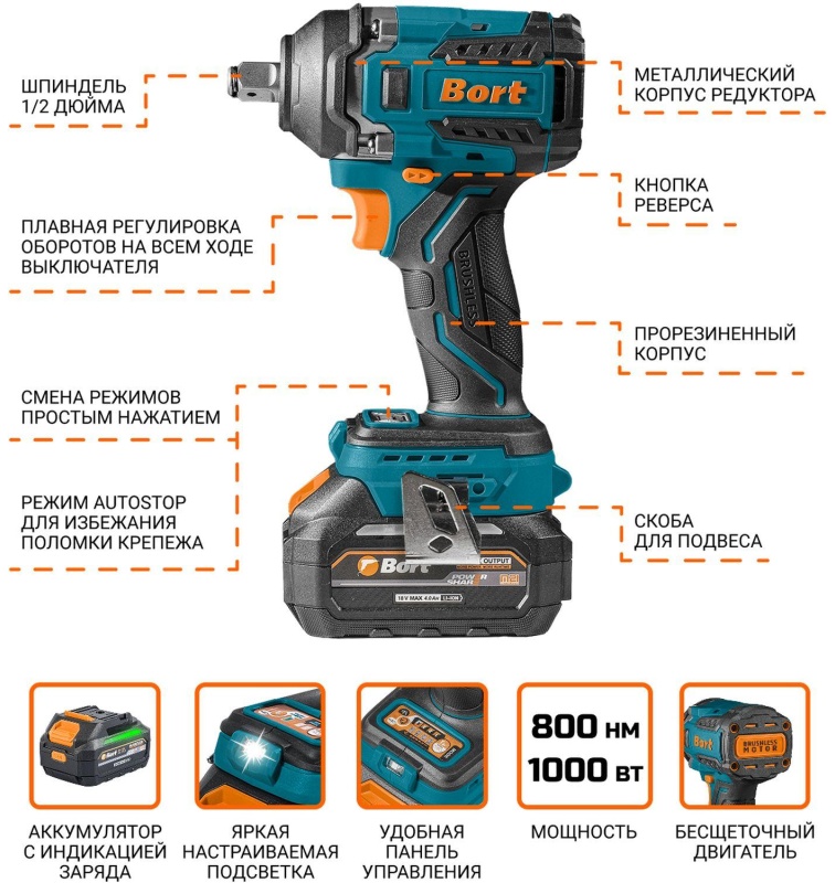 Гайковерт аккумуляторный Bort BSR-21U (2x4Ач+ЗУ) (93418477)