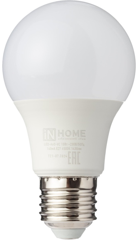 Лампа светодиодная LED-A60-VC 15Вт 230В Е27 6500К 1430Лм IN HOME