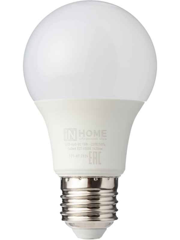 Лампа светодиодная LED-A60-VC 15Вт 230В Е27 6500К 1430Лм IN HOME