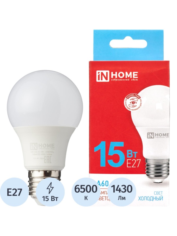 Лампа светодиодная LED-A60-VC 15Вт 230В Е27 6500К 1430Лм IN HOME