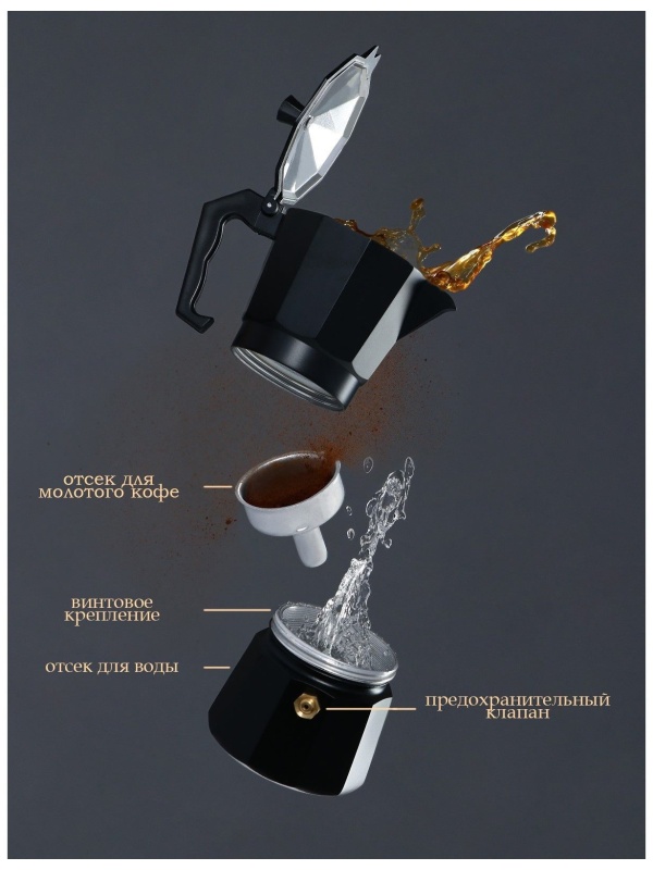 Кофеварка гейзерная Доляна Alum black, на 6 чашек, 300 мл, цвет чёрный