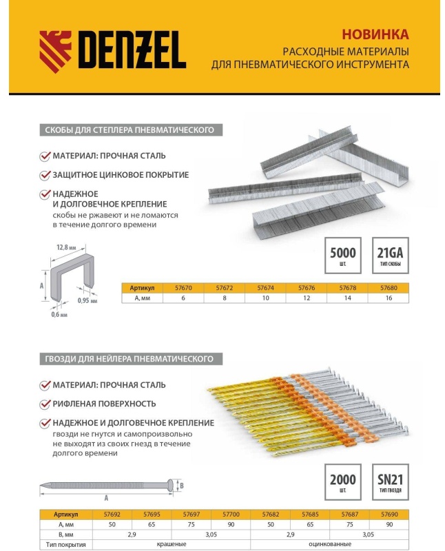 Гвозди для нейлера DENZEL(крашен.)50мм/2,9мм,2000 шт./уп (57692)