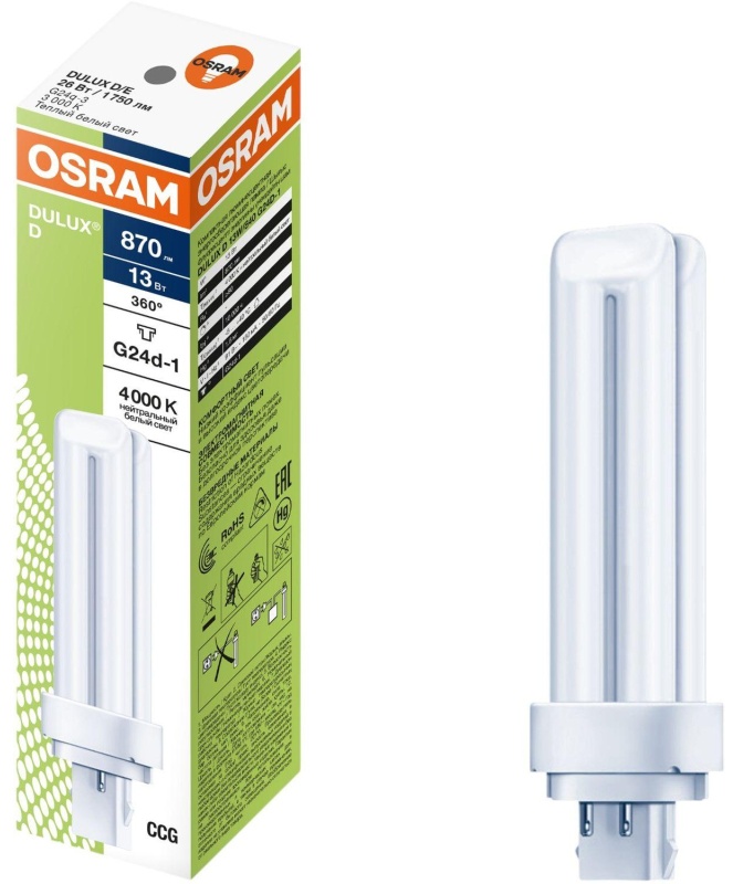 Лампа люминесцентная неинтегрирован. Компакт. Osram DULUX D 13W/840 G24D-1