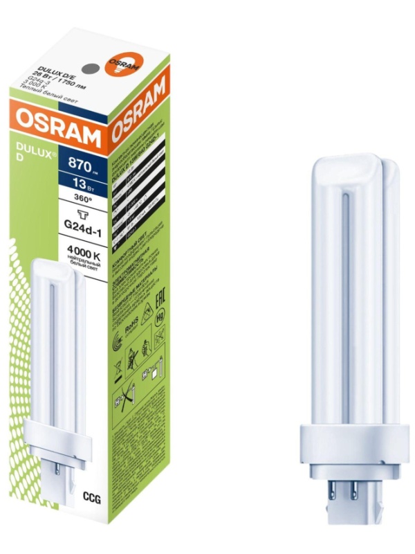 Лампа люминесцентная неинтегрирован. Компакт. Osram DULUX D 13W/840 G24D-1