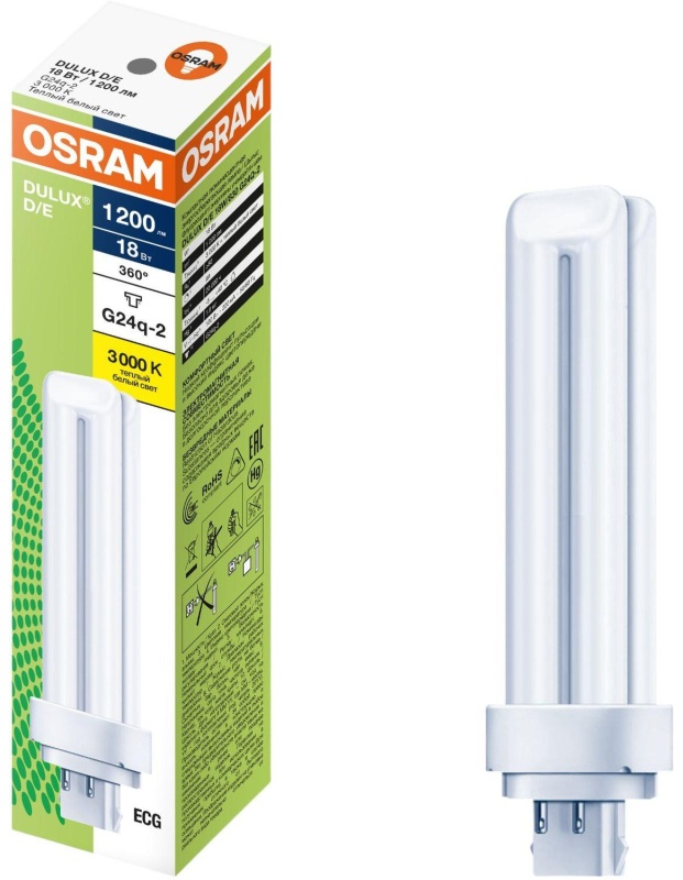 Лампа люминесцентная компактная DULUX D/E 18Вт/830 G24q-2 OSRAM