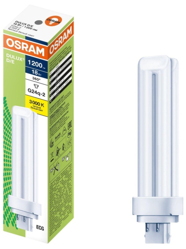 Лампа люминесцентная компактная DULUX D/E 18Вт/830 G24q-2 OSRAM
