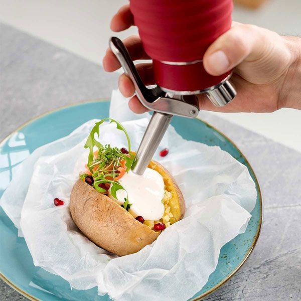 Сифон для сливок «Гурме»;сталь нерж.,пластик;0,5л;D=73,H=250,B=105мм;металлич.