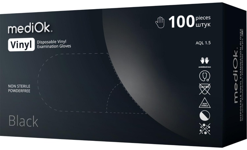 Перчатки виниловые одноразовые, н/о, черн. MediOk (S), 50п/уп 4гр.,ПС