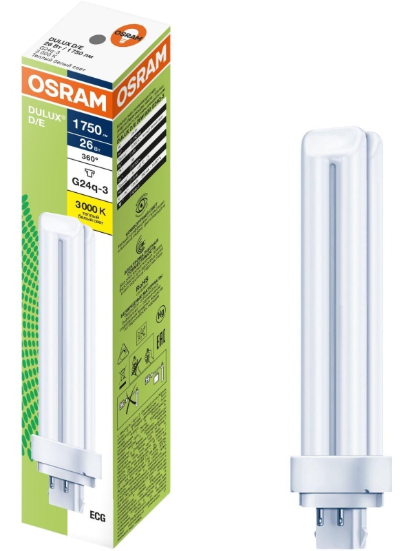 Лампа люминесцентная компактная DULUX D/E 26Вт/830 G24q-3 OSRAM