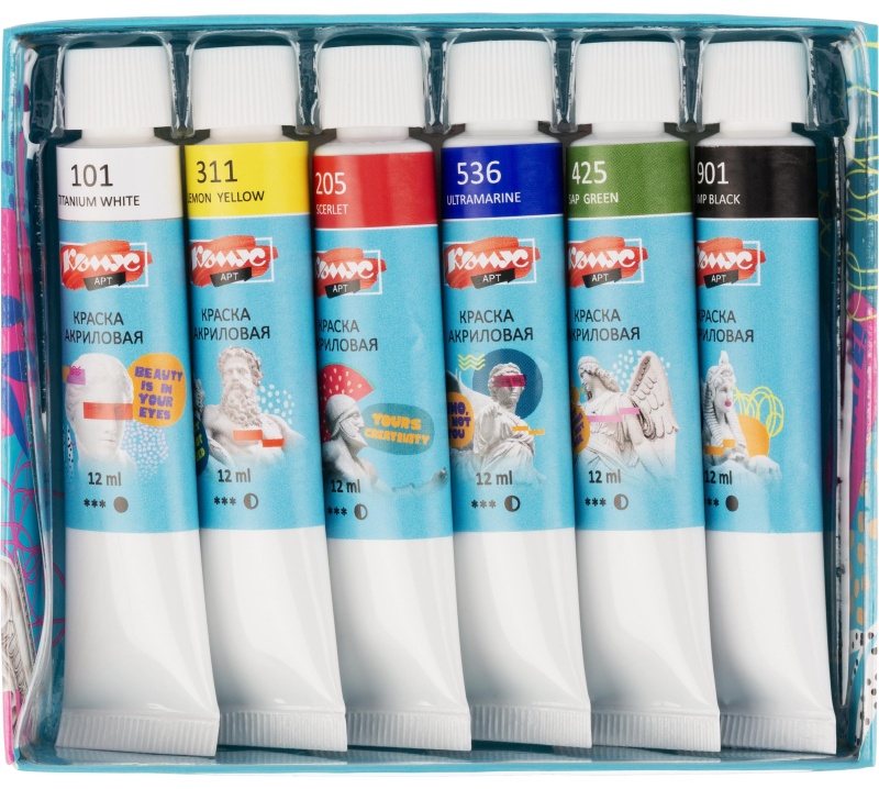 Краски акриловые худож.Комус Арт Студия, 6цв х 12мл, в тубах