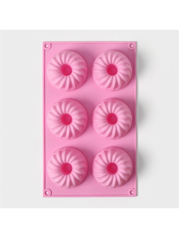Форма для выпечки Доляна «Немецкий кекс», силикон, 17×27 см, 6 ячеек (d=7 см), цвет розовый