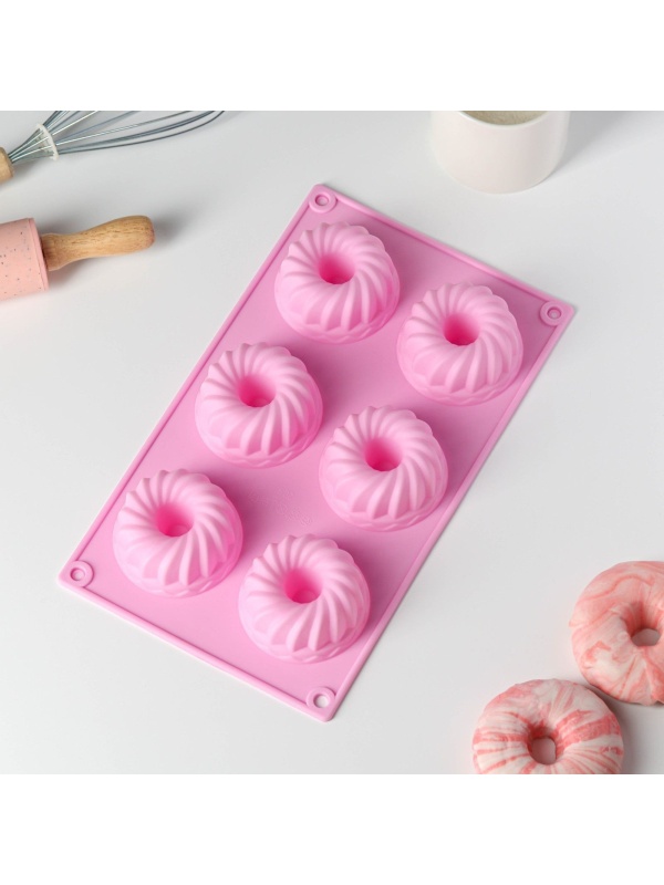 Форма для выпечки Доляна «Немецкий кекс», силикон, 17×27 см, 6 ячеек (d=7 см), цвет розовый