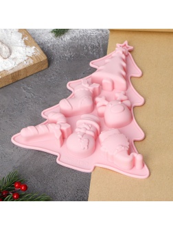 Форма для выпечки Доляна «Новогоднее настроение», силикон, 23×19×2,5 см, 6 ячеек, цвет розовый