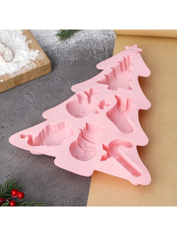 Форма для выпечки Доляна «Новогоднее настроение», силикон, 23×19×2,5 см, 6 ячеек, цвет розовый