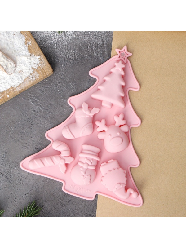 Форма для выпечки Доляна «Новогоднее настроение», силикон, 23×19×2,5 см, 6 ячеек, цвет розовый