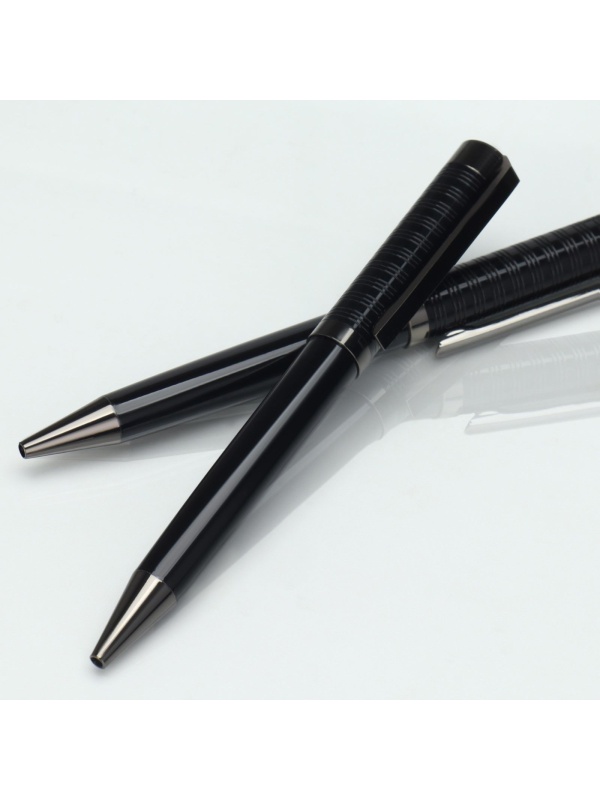 Ручка шариковая синяя паста 0.1 мм, металл рифлёная черный корпус-