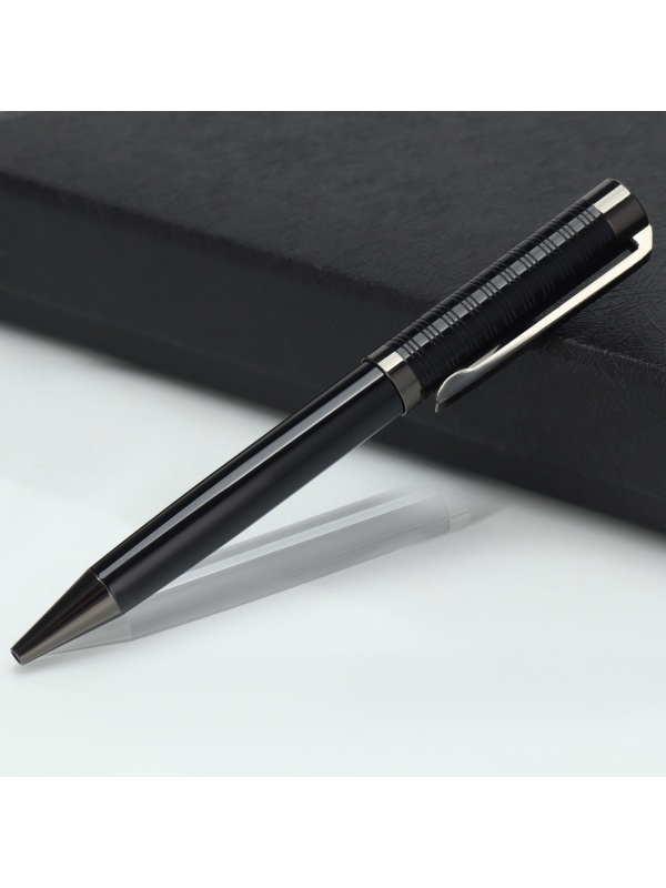 Ручка шариковая синяя паста 0.1 мм, металл рифлёная черный корпус-