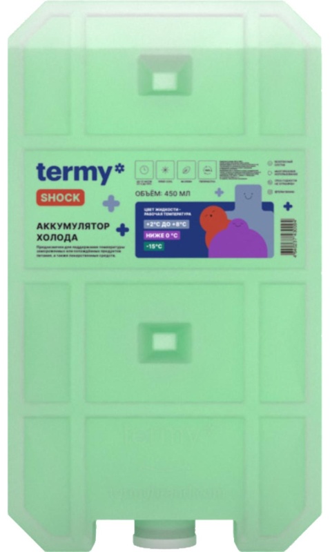 Аккумулятор холода 450мл Водно-Солевой 0 -15С_ Зеленый  Пробка ТермиШок
