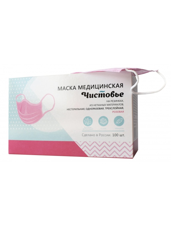 Маска медицинская 3-х сл., резинка, розовая, картон 100шт/уп