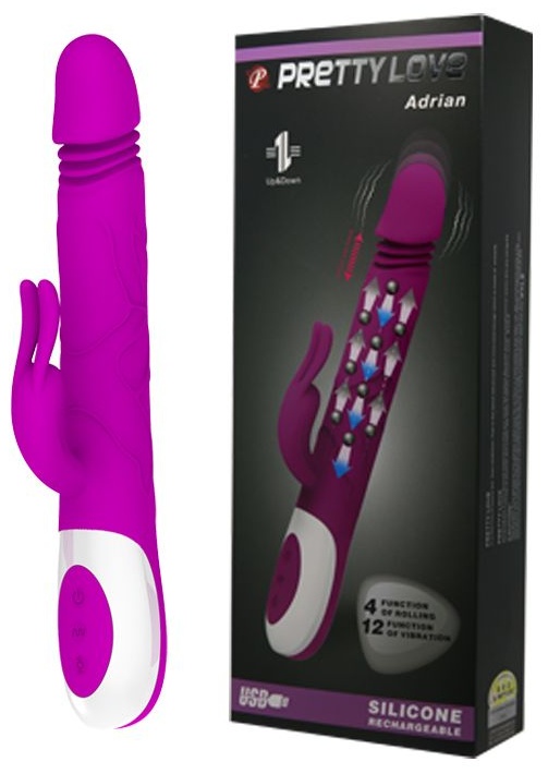 Перезаряжаемый вибратор Adrian с rolling-функцией и клиторальным отростком - 26,7 см.