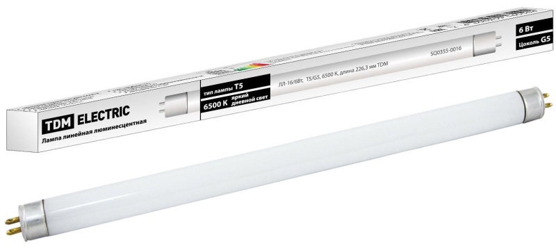 Лампа люминесцентная линейная двухцокольная ЛЛ-16/6 Вт, T5/G5, 6500 К TDM