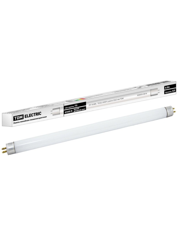 Лампа люминесцентная линейная двухцокольная ЛЛ-16/6 Вт, T5/G5, 6500 К TDM