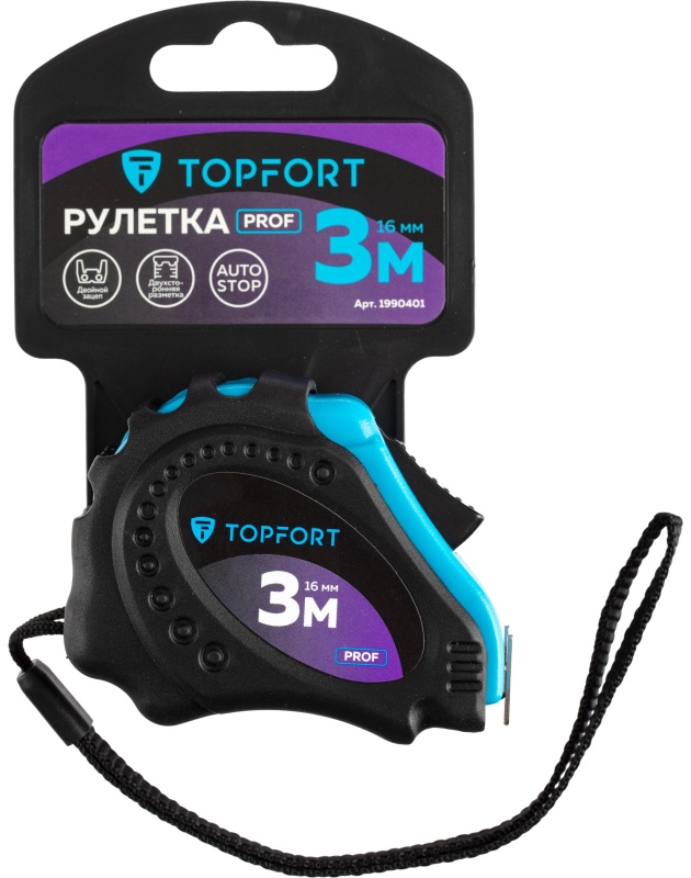 Рулетка 3мх16 мм с автостопом  TOPFORT Prof