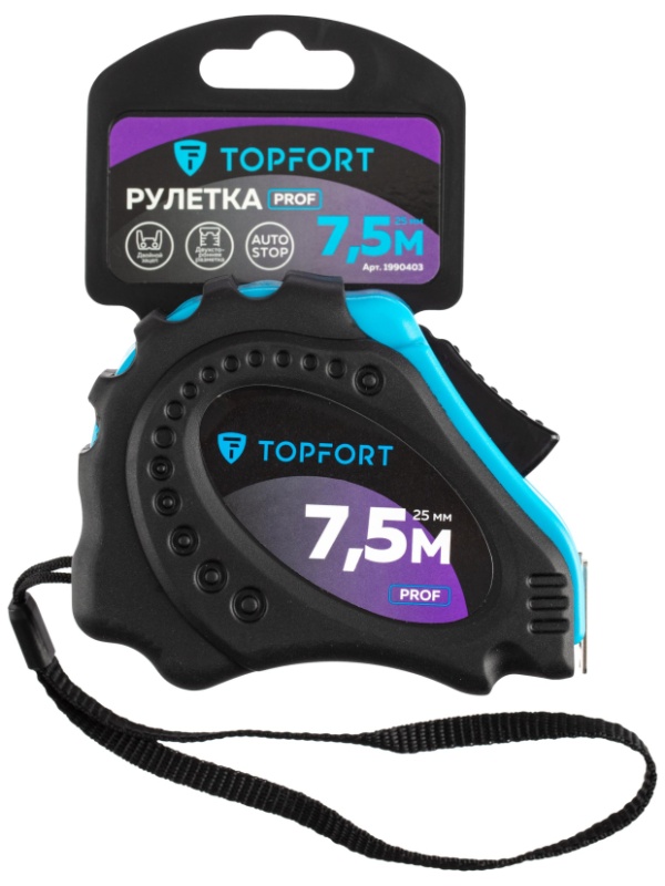 Рулетка 7,5мх25 мм с автостопом  TOPFORT Prof
