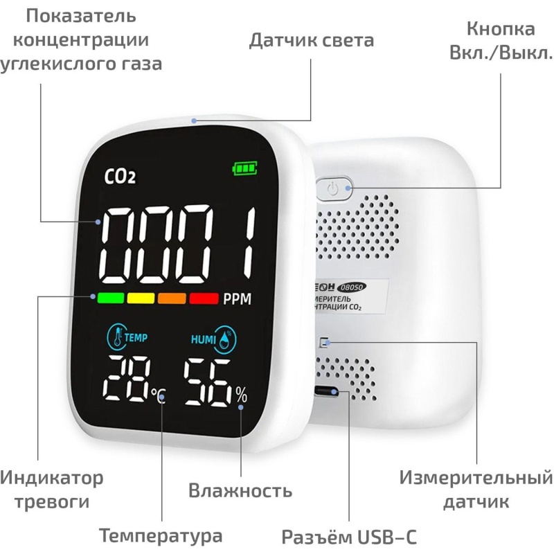 Измеритель углекислого газа (СО2) с функцией термогигрометра МЕГЕОН 08050
