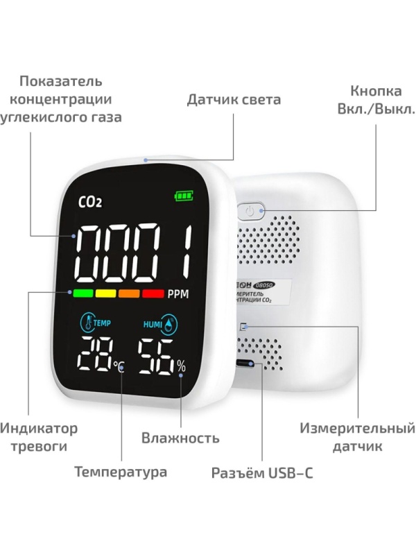 Измеритель углекислого газа (СО2) с функцией термогигрометра МЕГЕОН 08050
