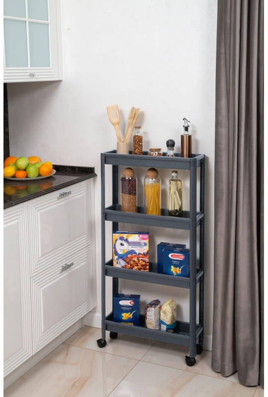 Этажерка М_VIKEA узкая 4-х ярусная на колесах, серый